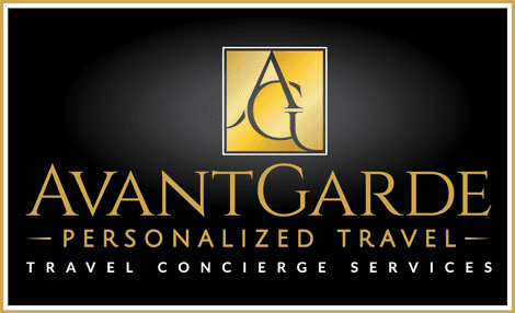 A black and gold logo for avantgarde personalized travel.